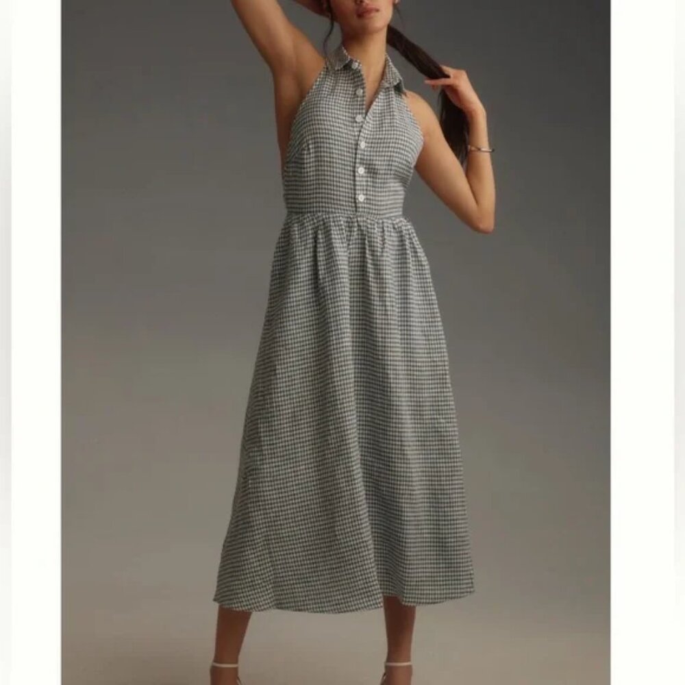 NWT Reformation Linen Gingham Navy Open Back Halter Midi Button Dress Size 10